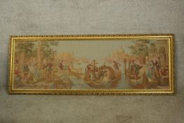 Framed tapestry. Venetian scene showing Saint Marks in the background. In a gill, decorated frame.