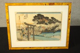 Hiroshige. Hand coloured woodblock print. Showing some signs of damp staining running along the left