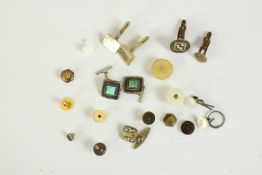 A collection of vintage cufflinks and studs, including a pair of silver and turquoise cufflinks