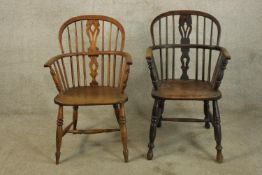 Windsor armchairs, near pair, 19th century elm. (Some repair needed, see photo).