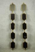 Wall mirrors, a pair, pendant style gilt metal. H.145 W.14cm. (each)