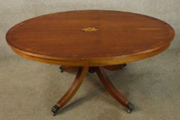 Coffee table, late Georgian style yew with satinwood inlay. H.54 W.118cm.
