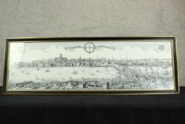 Panoramic print of the city of London in the 1700s. On the back is key to the city buildings. Framed