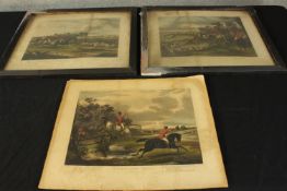 Three Victorian chromolithographs of hunting scenes. One titled ‘ The Bachelor’. Two framed. Each