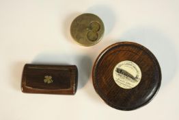 A hardwood and brass snuff box along with a brass pokerwork travelling ashtray and 19th century