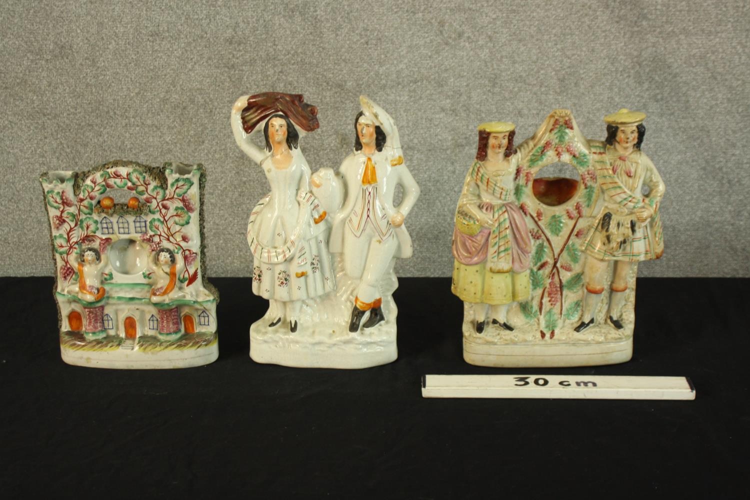 Three flat backed Staffordshire figures. Hand painted porcelain. The highest of the three measures - Image 2 of 3