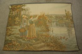 Tapestry. Wall hanging with a broken rail (easily replaced). Two women are calling across a river.