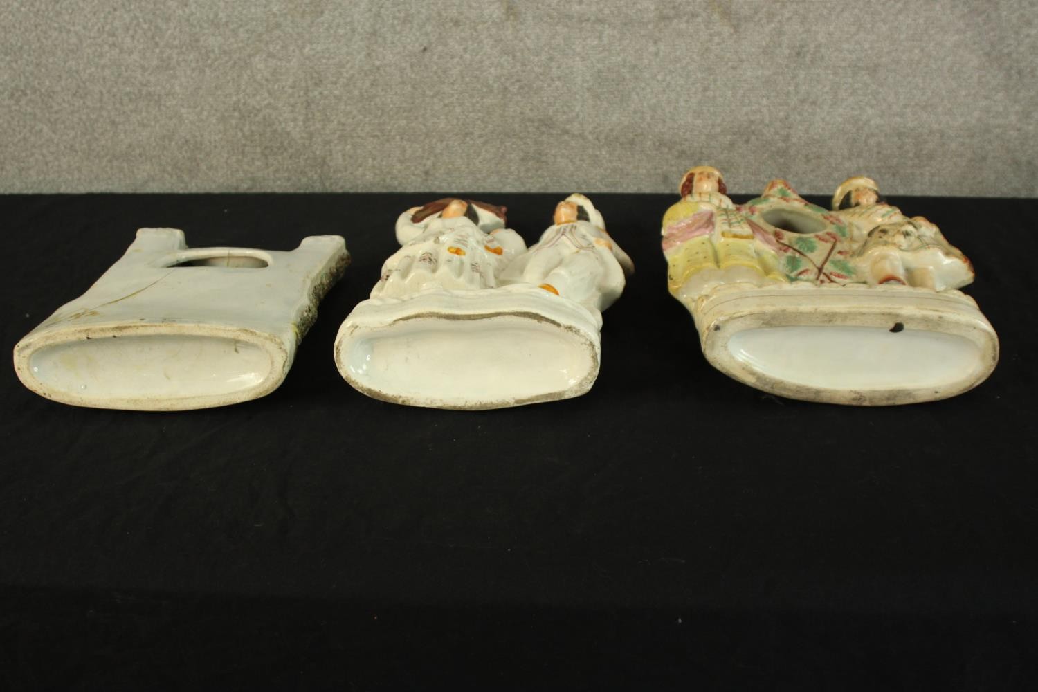 Three flat backed Staffordshire figures. Hand painted porcelain. The highest of the three measures - Image 3 of 3