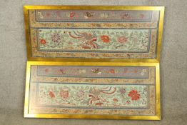 A pair of decorative framed tapestries. Floral design with peacocks. Framed and glazed. H.44 x W.