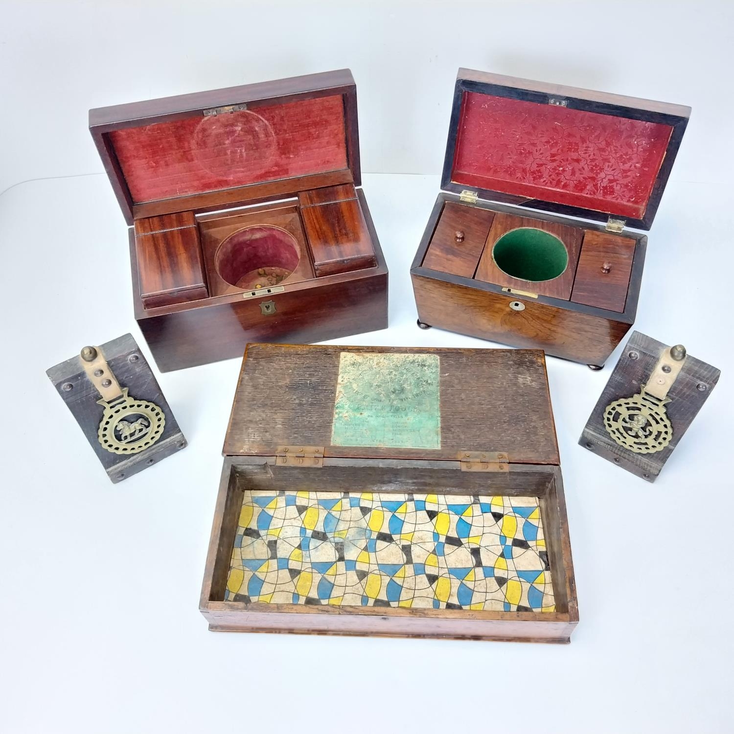Three 19th century veneered boxes, two tea caddies along with a pair of horse brass book ends. - Image 2 of 2