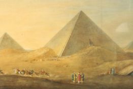 Watercolour of the Egyptian Pyramids, showing mounted riders. Framed and glazed. H.63 x W.74 cm.