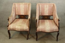 Salon armchairs, pair Edwardian mahogany and inlaid. H.90cm.