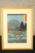Hiroshi Yoshida. Distant View of Mount Daisen. Hand coloured woodcut signed with seal. Framed. H.