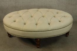 Long footstool, contemporary upholstered in the 19th century style. H.40 W.136cm.