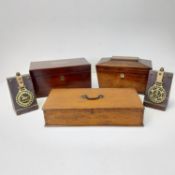 Three 19th century veneered boxes, two tea caddies along with a pair of horse brass book ends.
