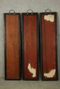 Picture frames, a set of three vintage Chinese in ebonised frames. H.134 W.32cm. (each)