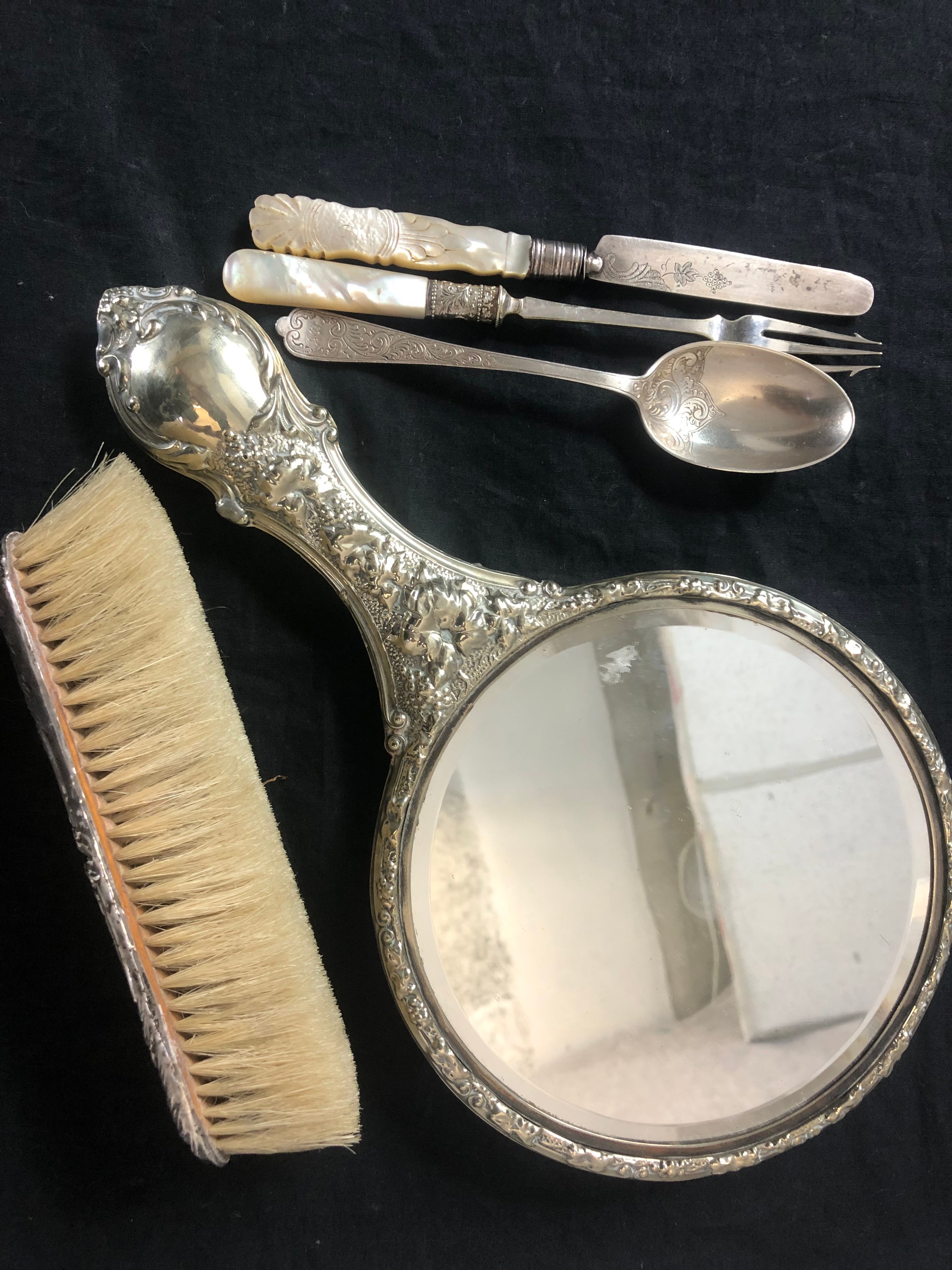 Silver hand mirror, brush and silver cutlery. White metal. The brush and mirror are probably - Image 2 of 2