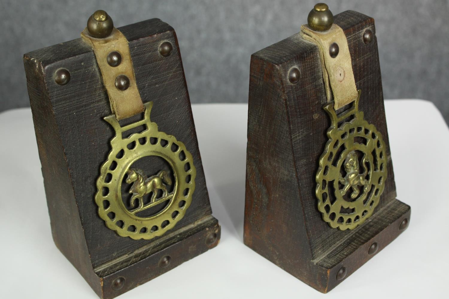 Two horse brasses with leather straps and mounted on wooden display stands. Each H.17 cm. - Image 2 of 4