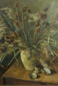 Oil on canvas. Still life dried flowers and shells. Signed ‘T. Ritchie’ lower right. H.112 x W.95