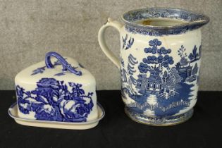 Blue and white cheese dish and jug. Ironstone made in Staffordshire. The largest measures H.24 x W.