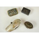 Four decorative boxes. Three boxes and a shell purse. Includes an enamelled box intricately detailed