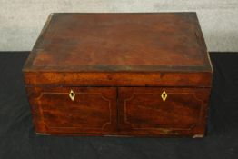 Writing box, campaign style Georgian mahogany and satinwood inlaid opening to reveal a well fitted
