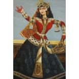 A Persian Qajar oil on unstretched canvas depicting a dancing woman.