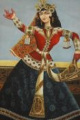 A Persian Qajar oil on unstretched canvas depicting a dancing woman.