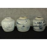 Three hand painted Chinese ginger jars decorated with river scenes. The largest measures H.17 x