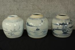 Three hand painted Chinese ginger jars decorated with river scenes. The largest measures H.17 x