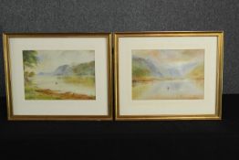 John Cowley. Two watercolours. River and mountain scenes. H.42 x W.50 cm.