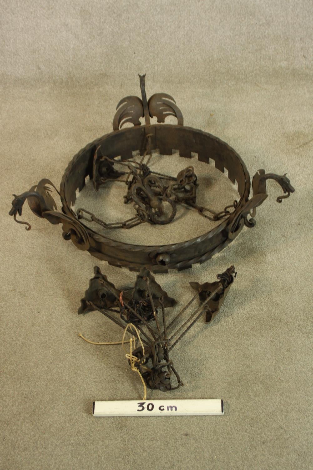 An iron "dragon" chandelier. Gothic in style. Complete with its ceiling chain and candle holders. - Image 2 of 5