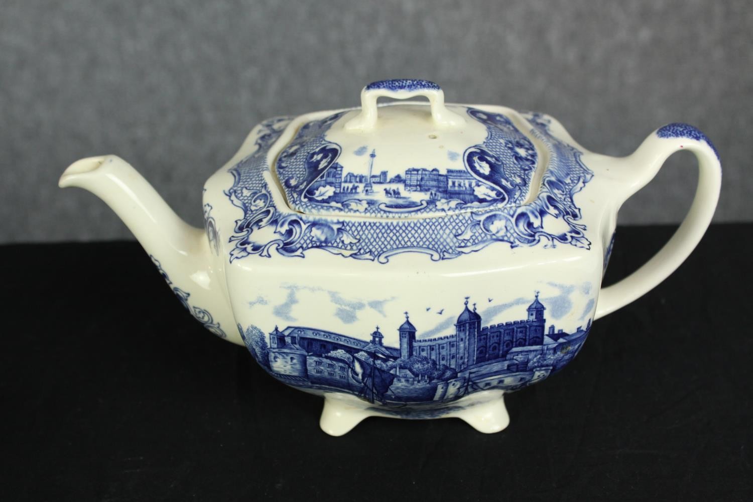A tea pot and two pots. The ironstone teapot is decorated with views of 'Old London' and made by - Image 4 of 7