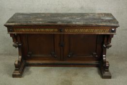 Console table, late 19th century oak and marble Gothic style. H.88 W.146cm.