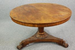Dining table, Regency flame mahogany with tilt top action. H.76 Dia.130cm.