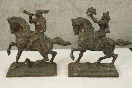 Two bronze figures of huntsman on horseback. One with an eagle the other with a horn. Each H.18 cm.