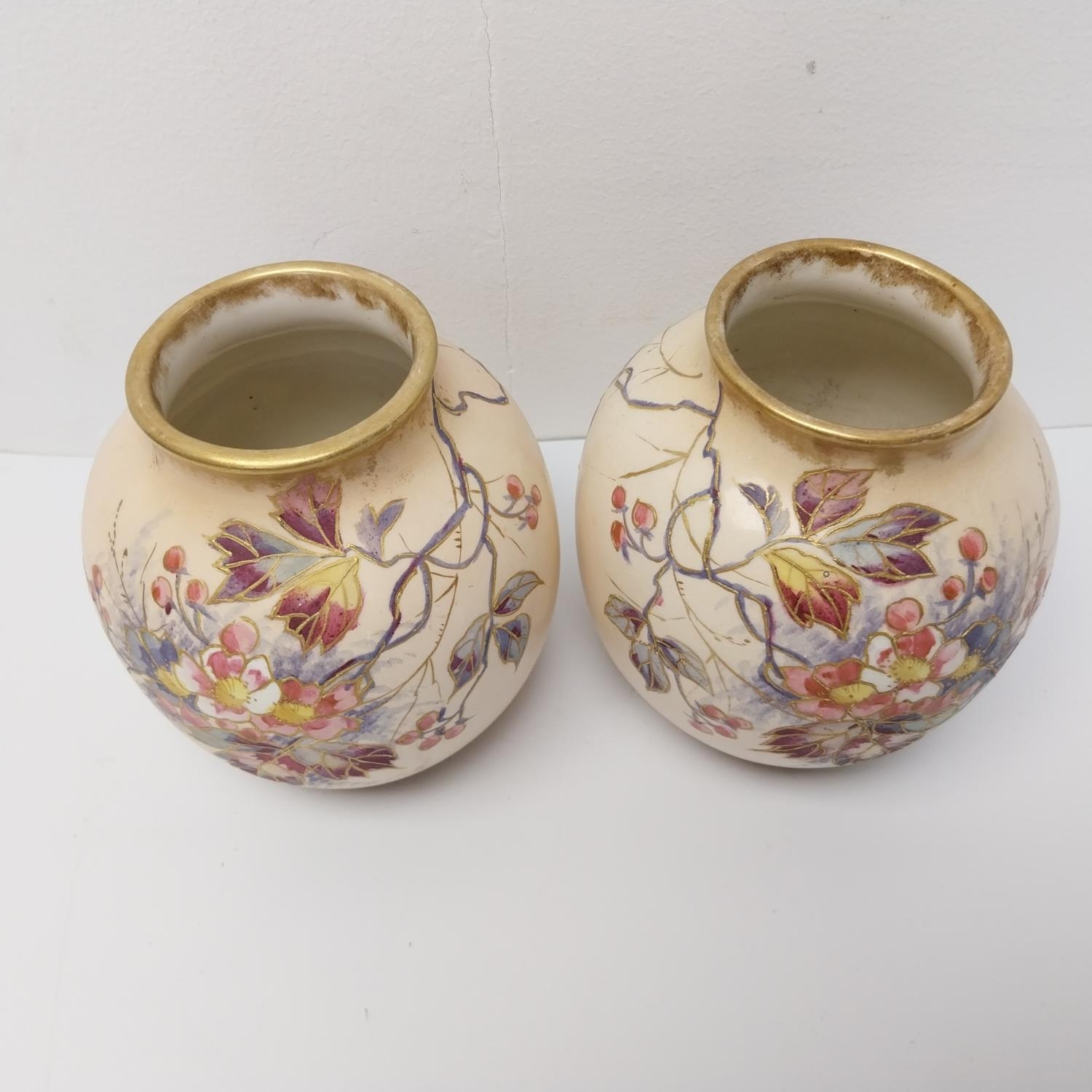 A pair of Royal Bonn hand painted ceramic vases with flower blossom decoration. Makers stamp to - Image 2 of 4