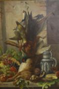 Oil on canvas. Stiff life with a hung pheasant, hare and fruits. In the style of Jean Baptiste