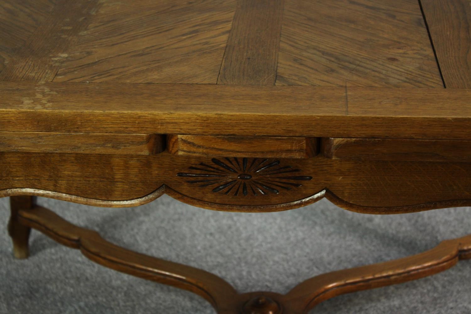Dining table, French oak parquetry, extending with two extra leaves. H.75 W.130 W.180cm - Image 4 of 7