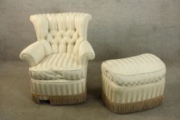 Button back armchair and foot stool. In a matching white patterned upholstery. H.80 cm. (largest)