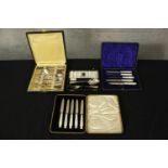 Four boxes of silver plated cutlery including a fork and spoon made by Elkington & Co. The knives
