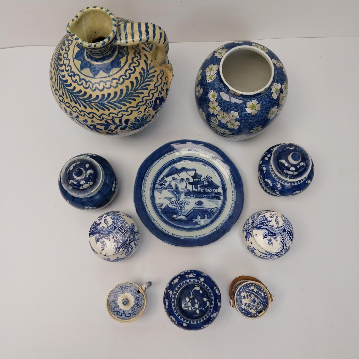 A collection of blue and white ceramics, including three Chinese blue and white prunus design ginger - Image 2 of 2