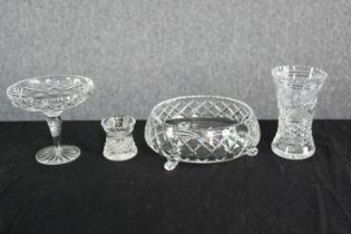 Three cut glass vases and a bowl. The largest with a diameter of 21 cm.