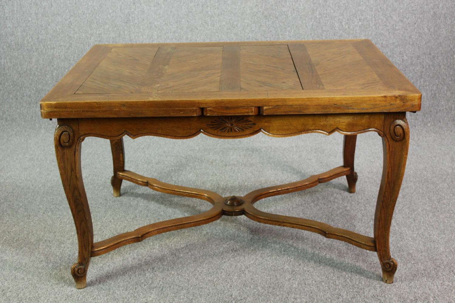 Dining table, French oak parquetry, extending with two extra leaves. H.75 W.130 W.180cm - Image 2 of 7
