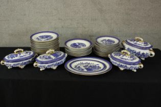 A large collection of forty five pieces of blue and white ceramics. Four lidded pots and forty-one