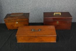 A Georgian mahogany military style tea caddy along with a Regency rosewood example and a Victorian