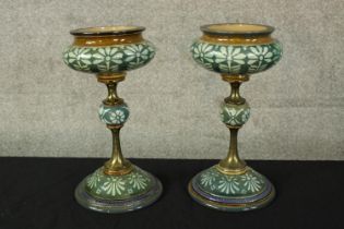 Royal Doulton. Two enamelled ceramic candle holders. Marked 'Clarkes' on the base. Circa 1900 but
