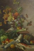 Oil on canvas. A still life of fruit and a fish beneath a stone urn. Nineteenth century. Framed. H.