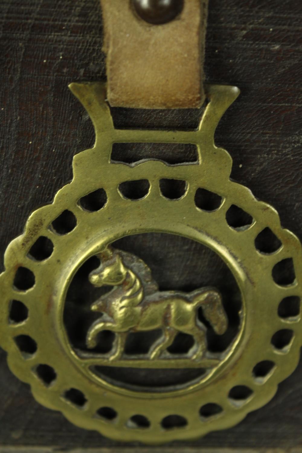 Two horse brasses with leather straps and mounted on wooden display stands. Each H.17 cm. - Image 4 of 4