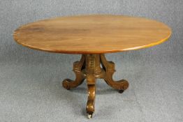 Dining table, 19th century mahogany with tilt top action. H.76 Dia.154cm.